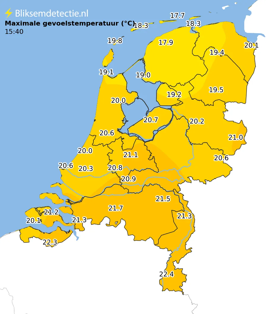 Maximale gevoelstemperatuur kaart Nederland