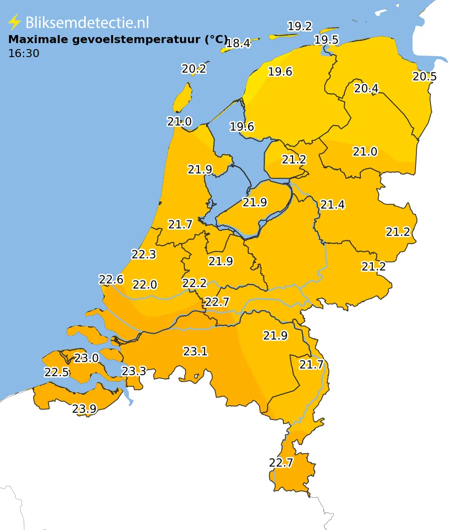 Maximale gevoelstemperatuur kaart Nederland