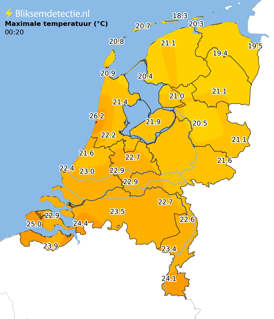 Maximale temperatuur kaart Nederland