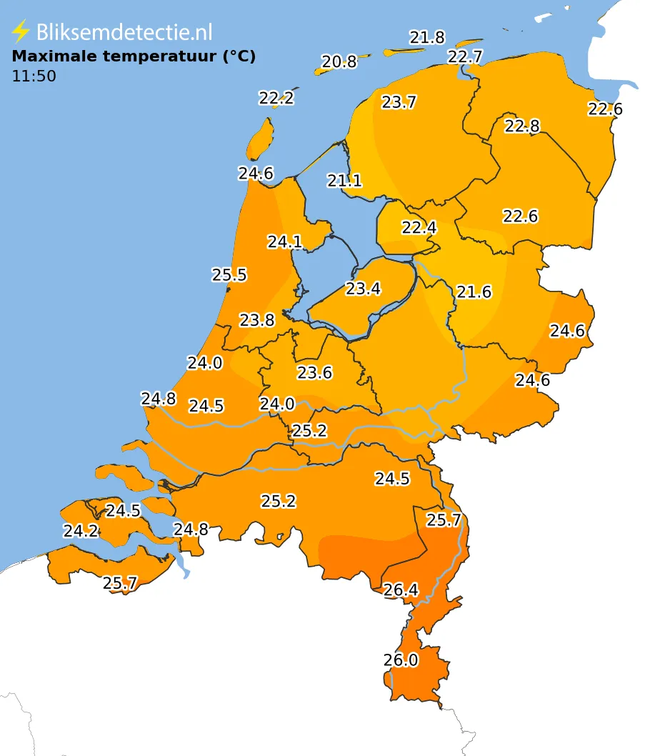 Maximale temperatuur kaart Nederland