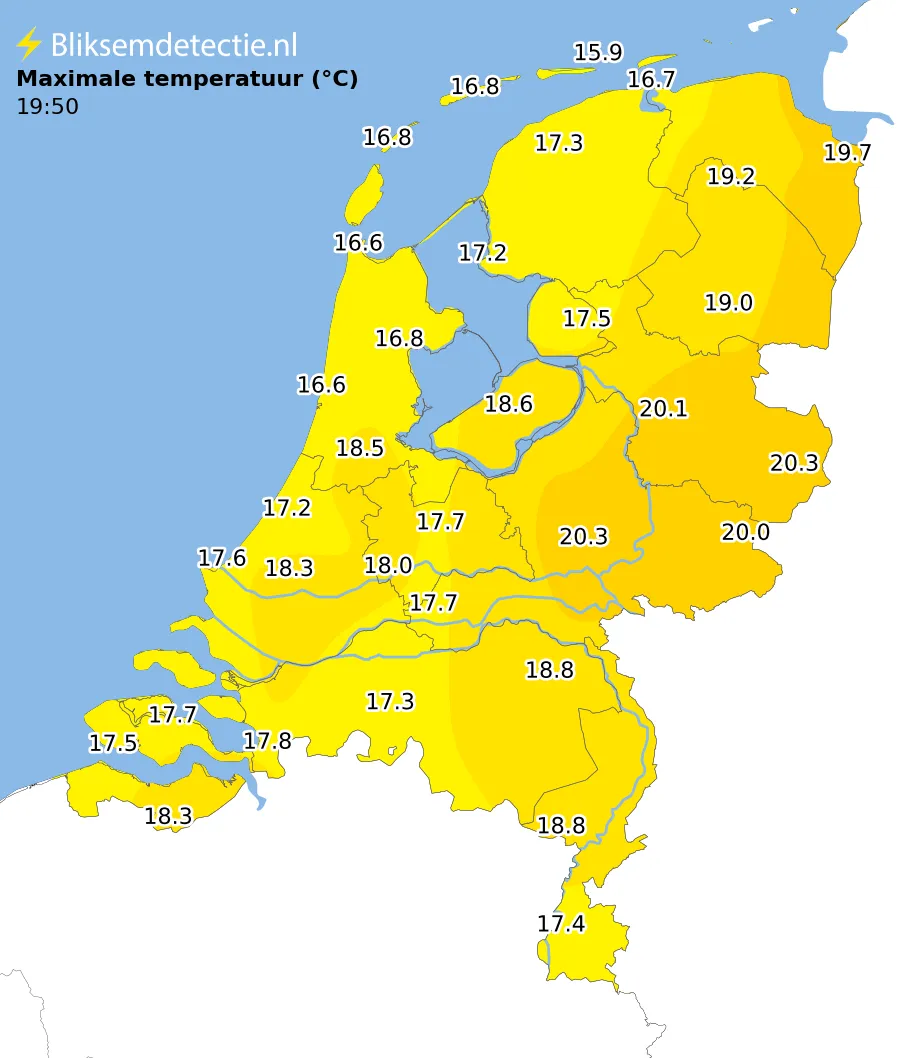 Maximale temperatuur kaart Nederland