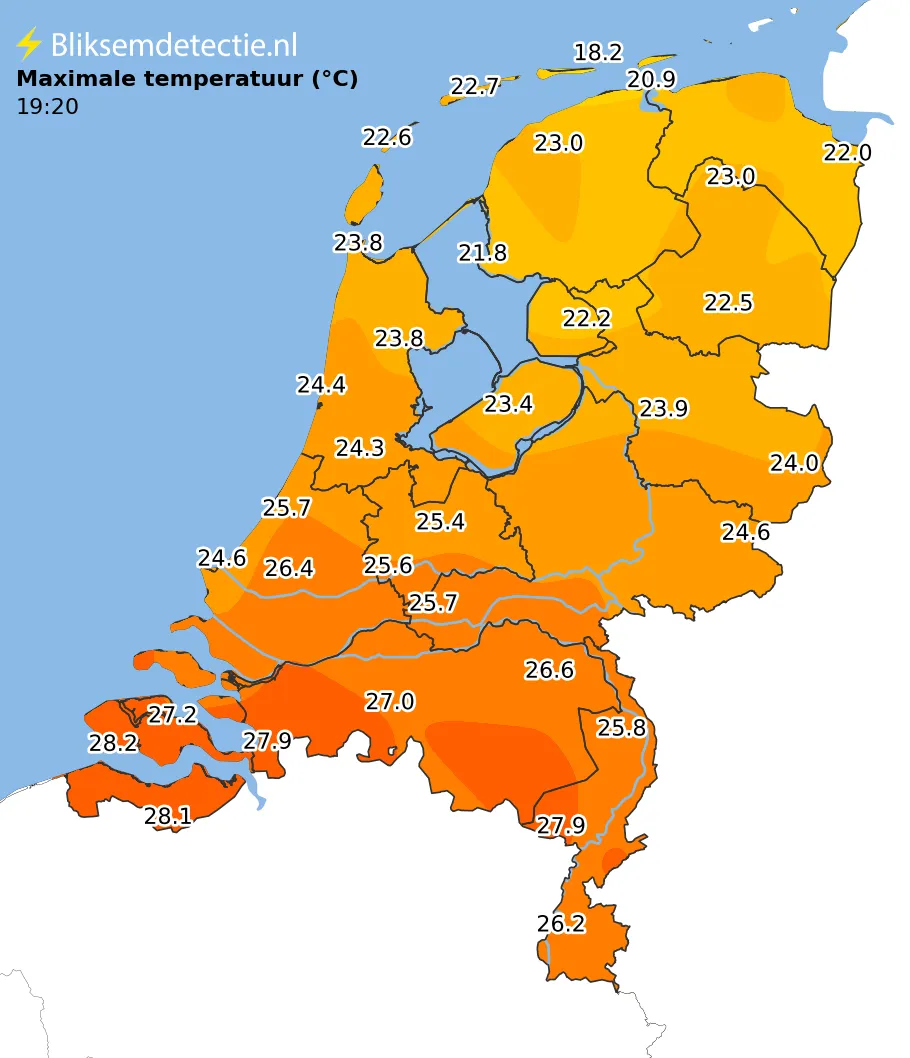 Maximale temperatuur kaart Nederland