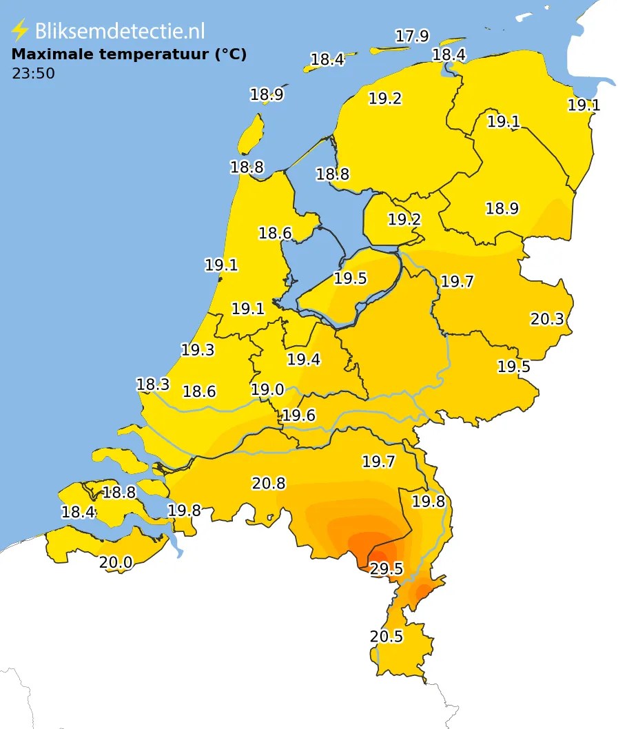 Maximale temperatuur kaart Nederland