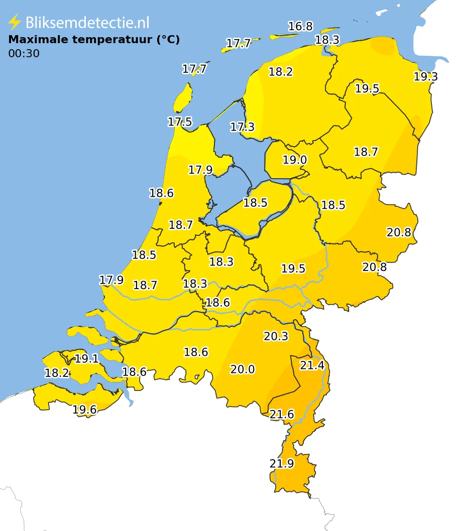 Maximale temperatuur kaart Nederland