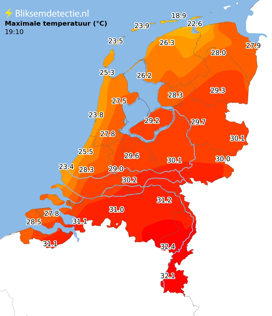 Maximale temperatuur kaart Nederland