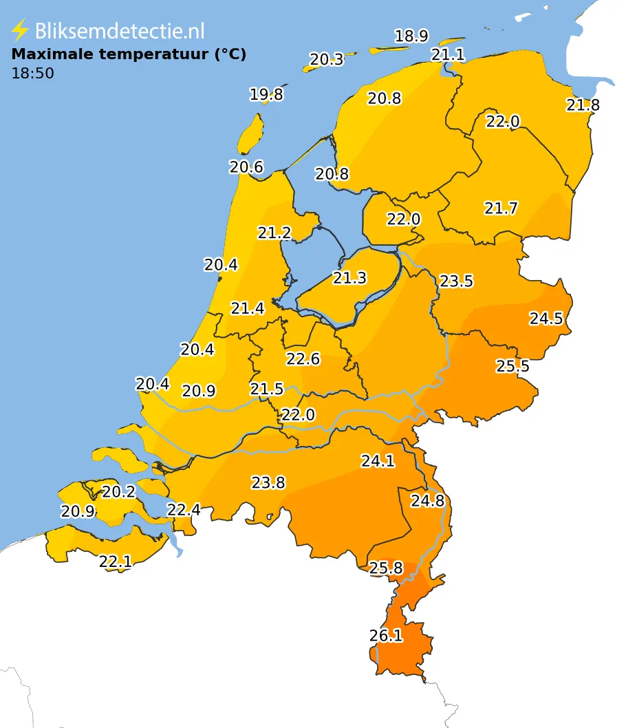 Maximale temperatuur kaart Nederland