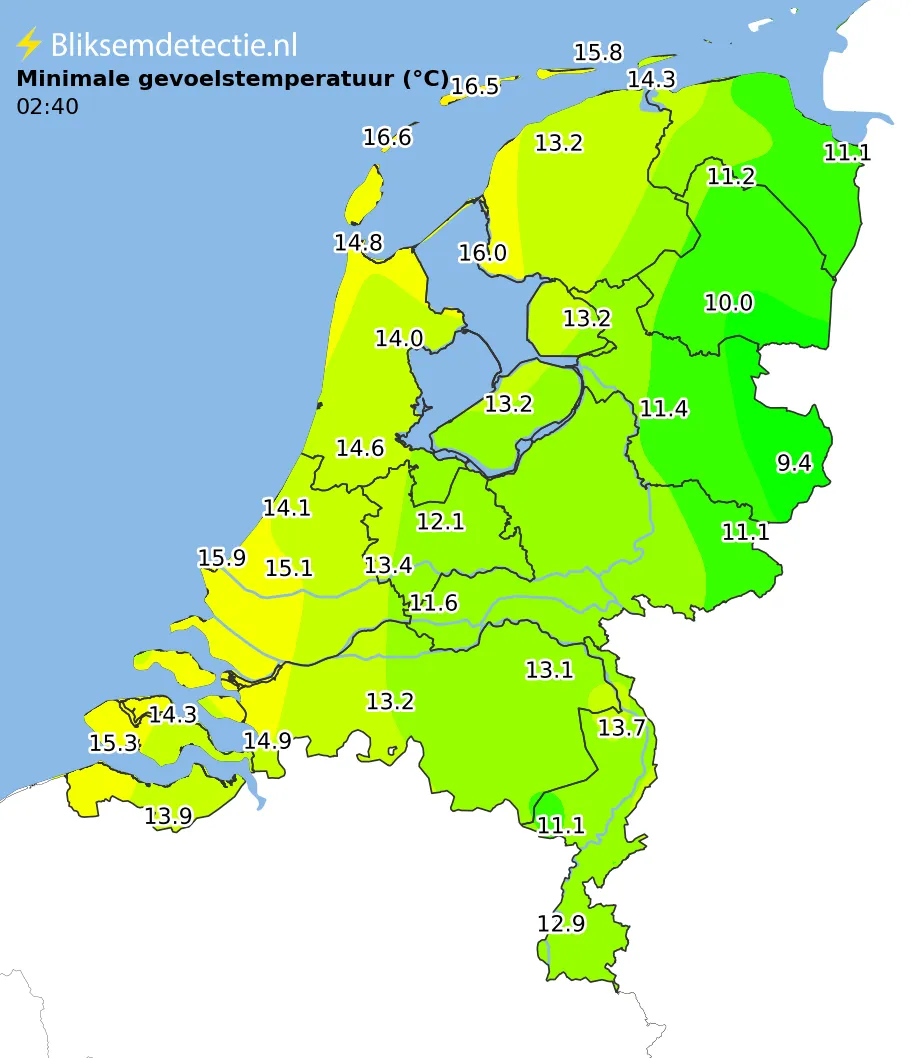 Minimale gevoelstemperatuur kaart Nederland