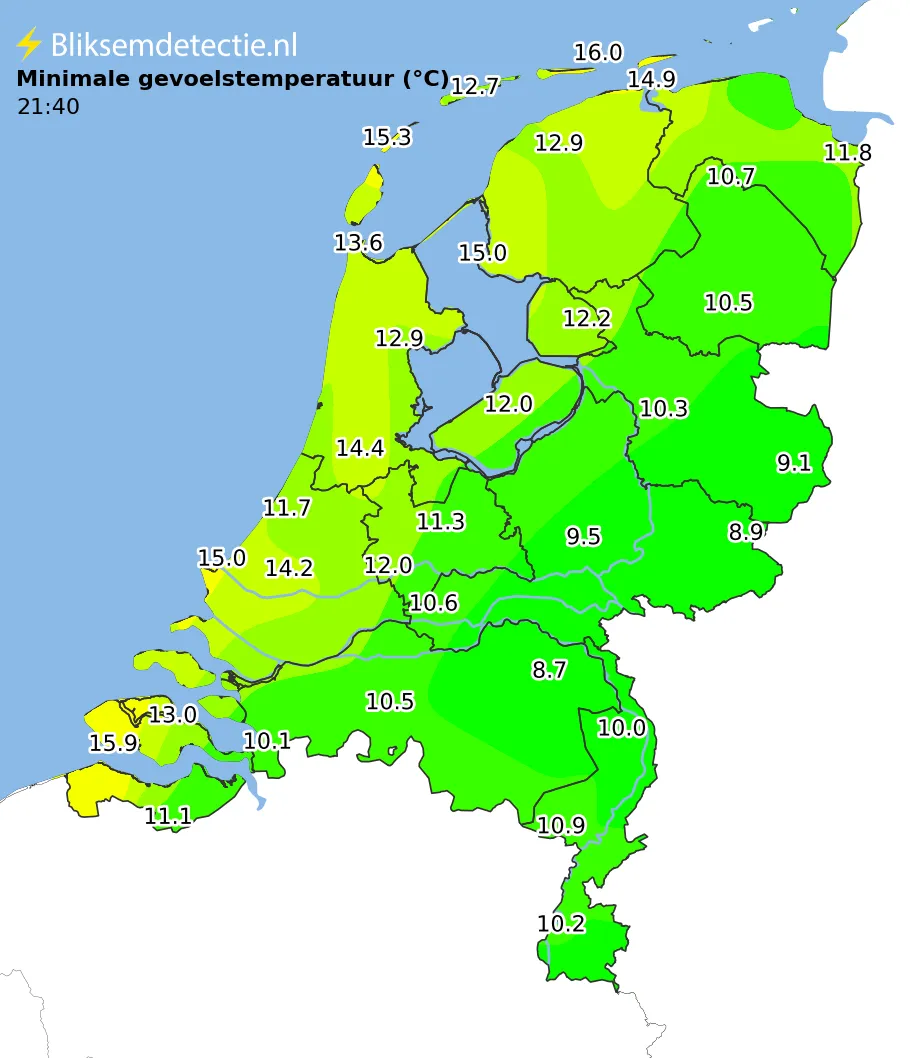 Minimale gevoelstemperatuur kaart Nederland