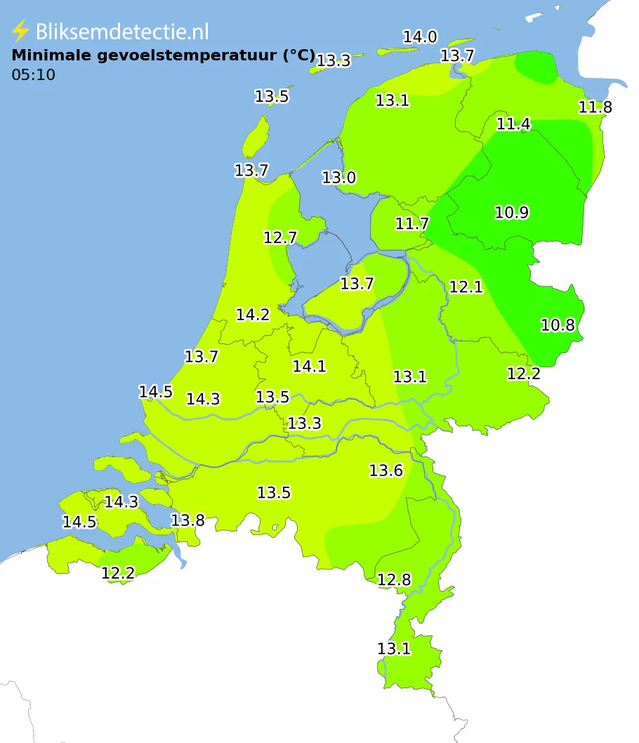 Minimale gevoelstemperatuur kaart Nederland