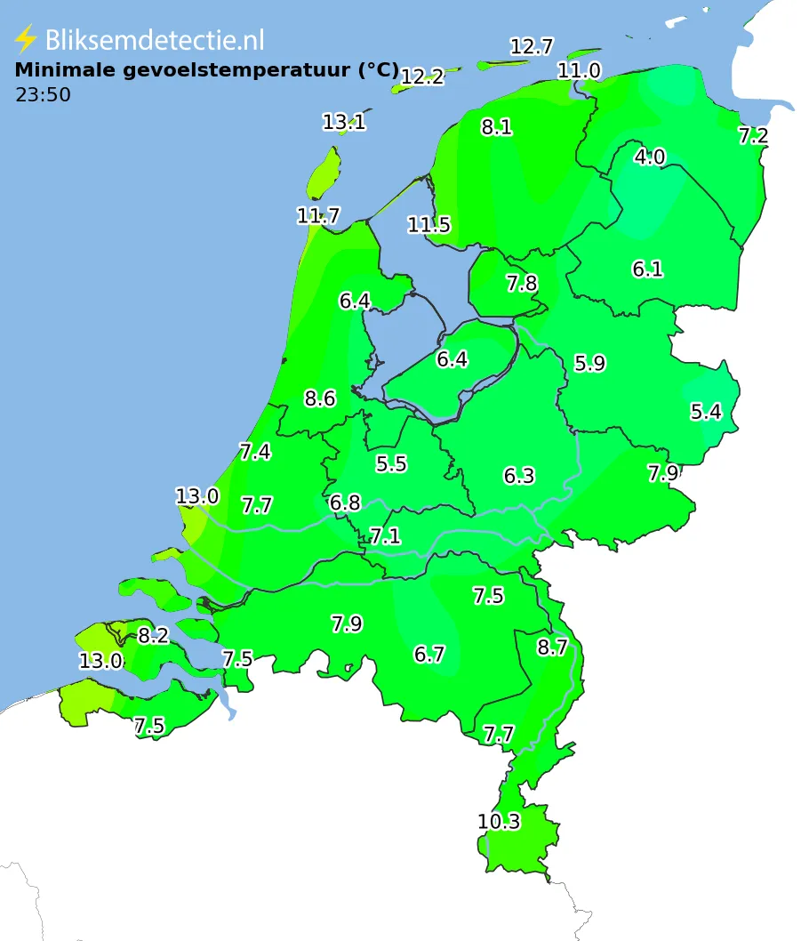 Minimale gevoelstemperatuur kaart Nederland