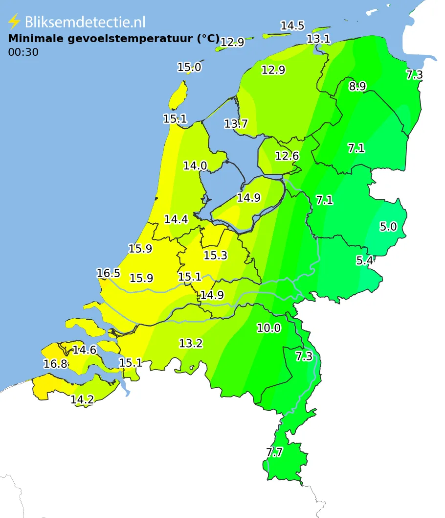 Minimale gevoelstemperatuur kaart Nederland