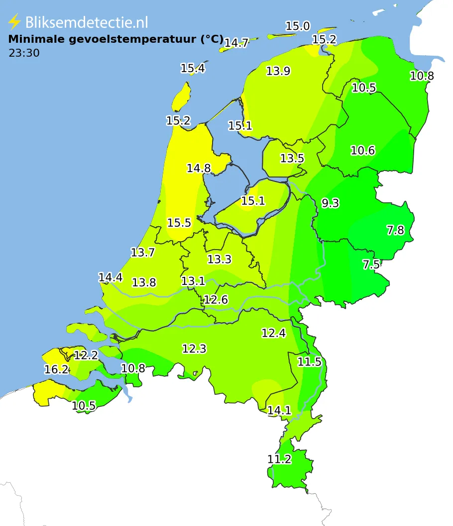 Minimale gevoelstemperatuur kaart Nederland