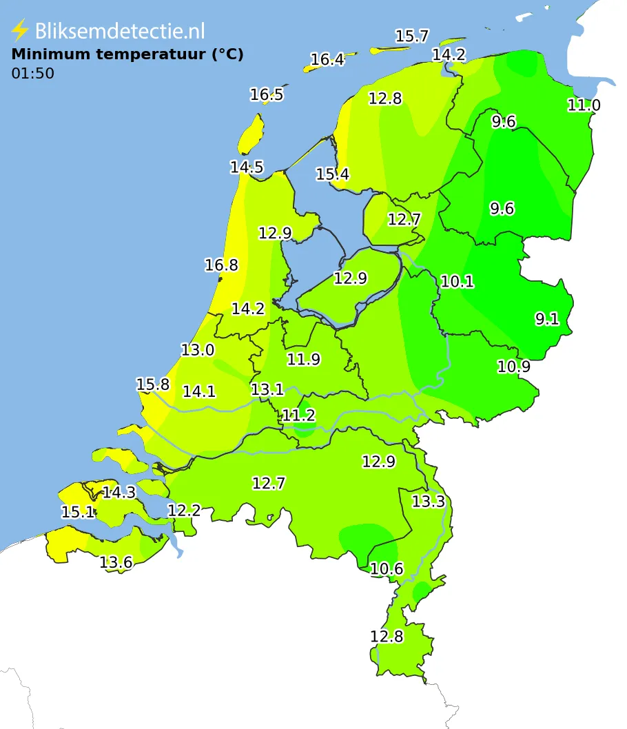 Minimale temperatuur kaart Nederland