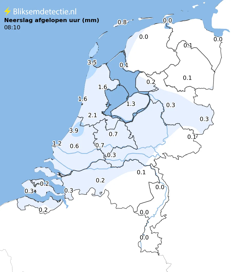 Neerslag afgelopen uur kaart Nederland