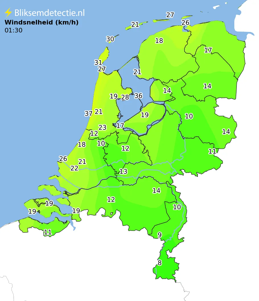 Windsnelheid kaart Nederland