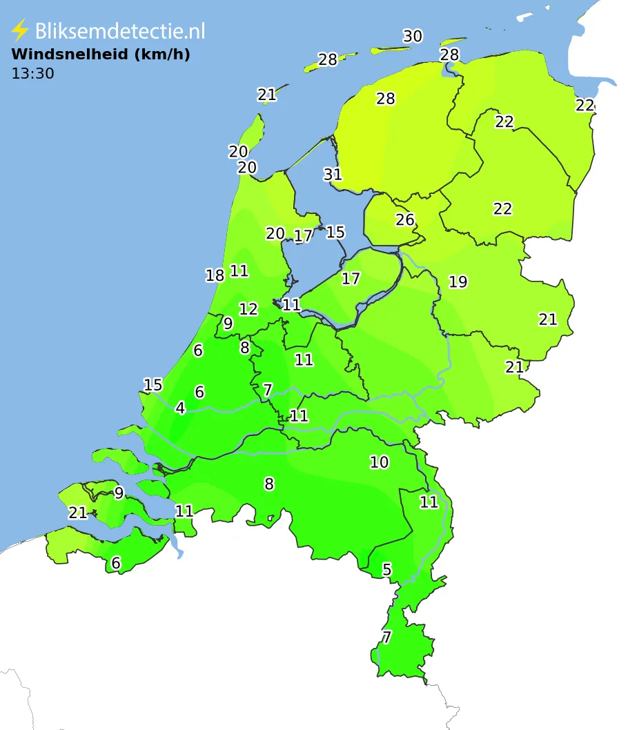 Windsnelheid kaart Nederland