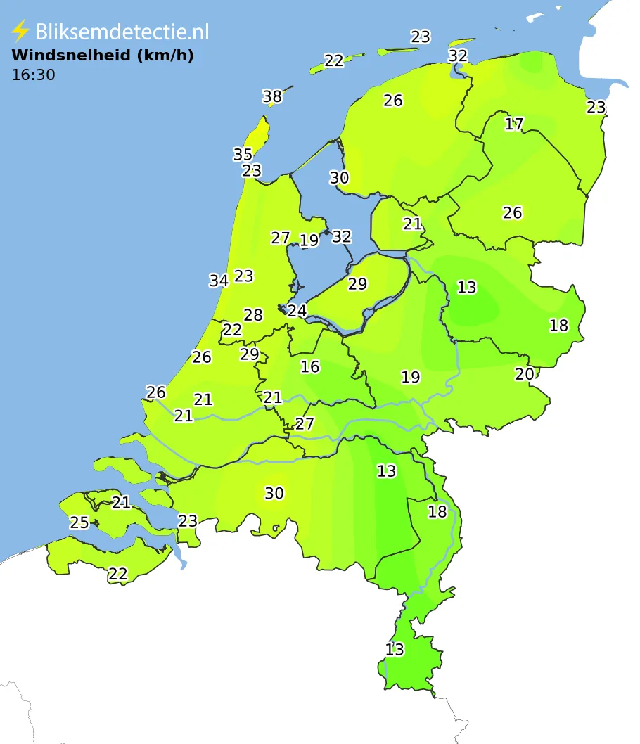 Windsnelheid kaart Nederland