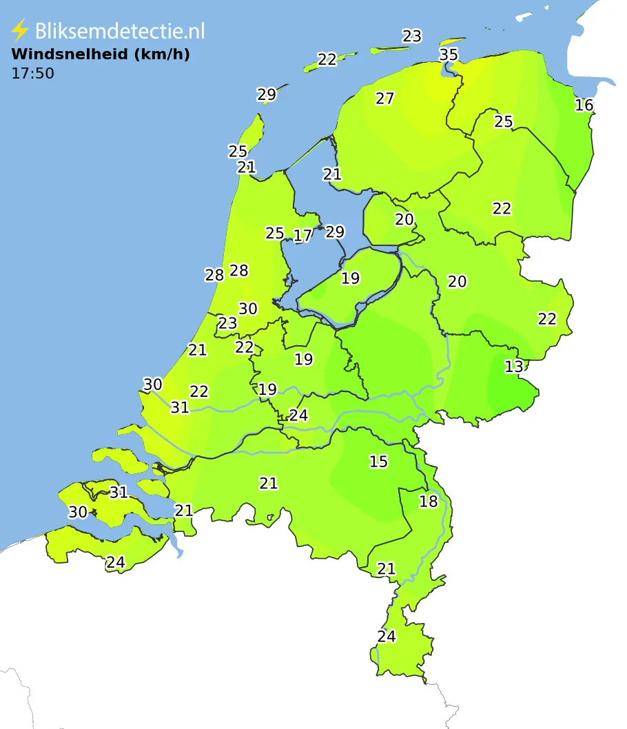 Windsnelheid kaart Nederland