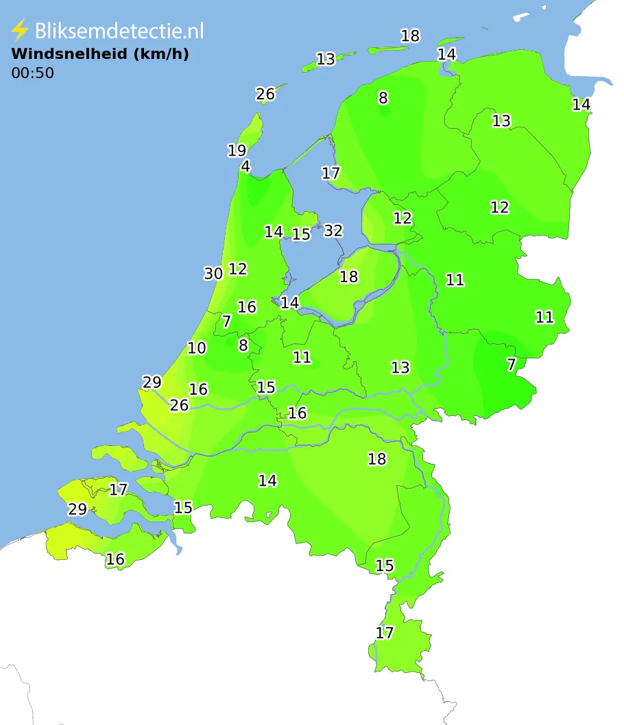 Windsnelheid kaart Nederland
