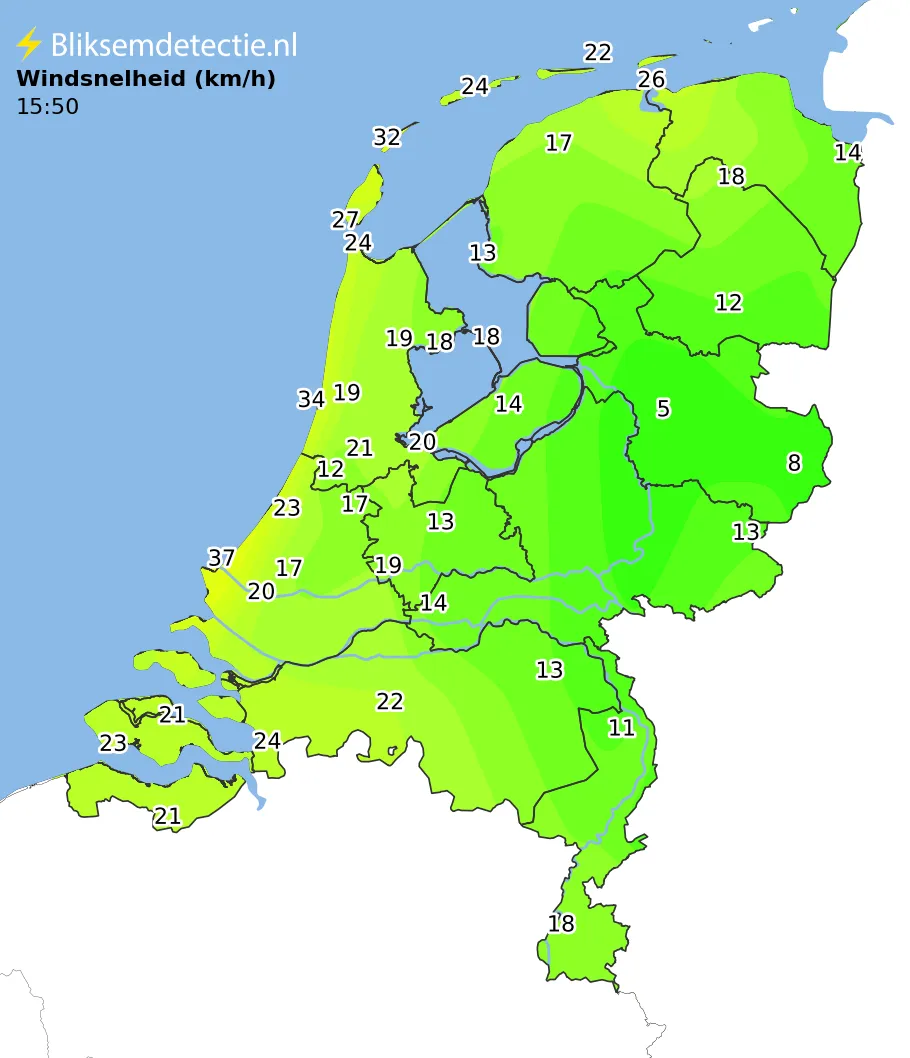Windsnelheid kaart Nederland