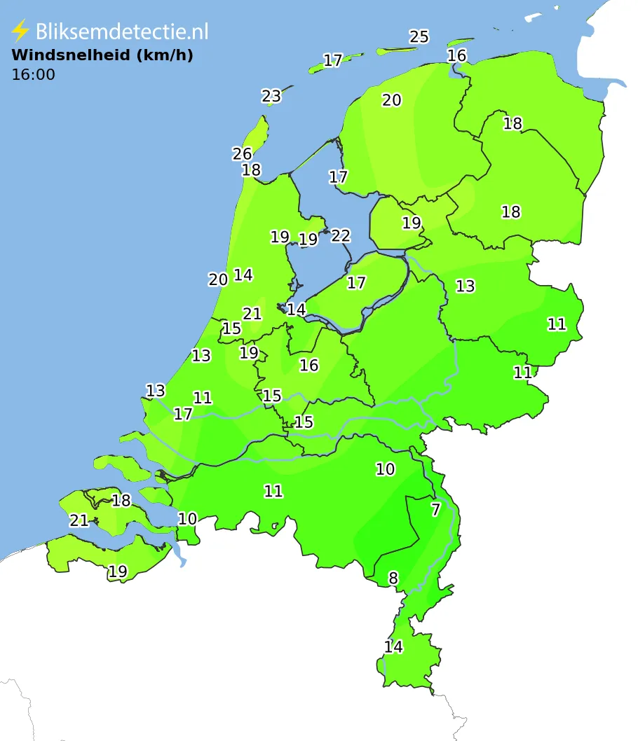 Windsnelheid kaart Nederland