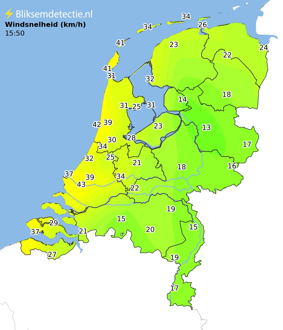Windsnelheid kaart Nederland