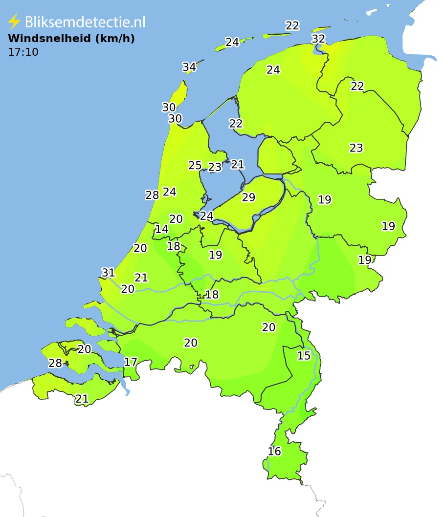 Windsnelheid kaart Nederland