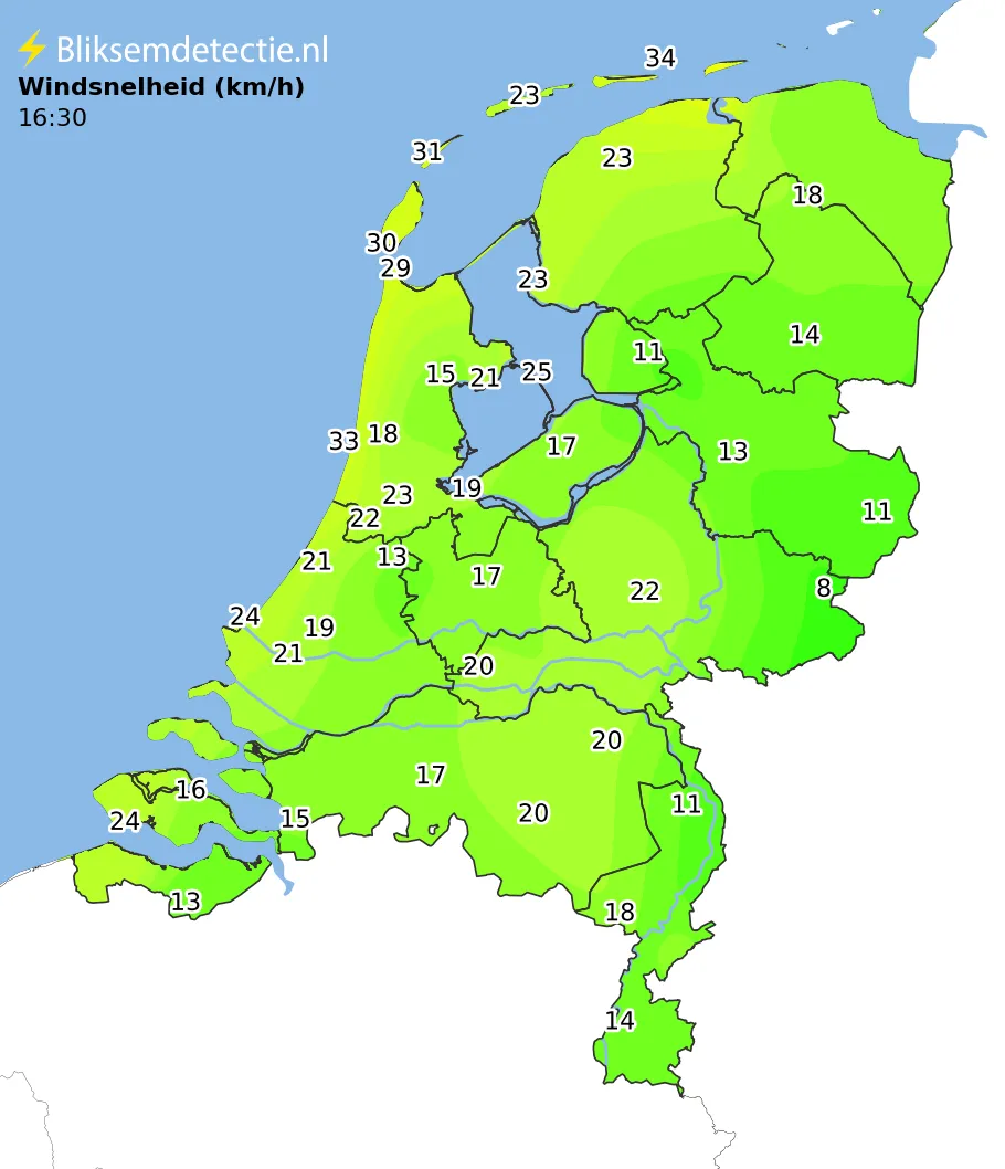 Windsnelheid kaart Nederland