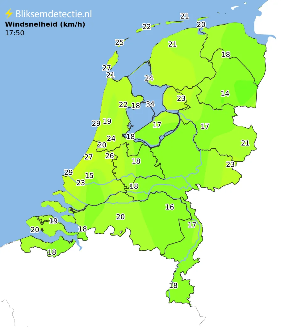 Windsnelheid kaart Nederland