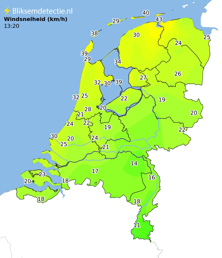 Windsnelheid kaart Nederland