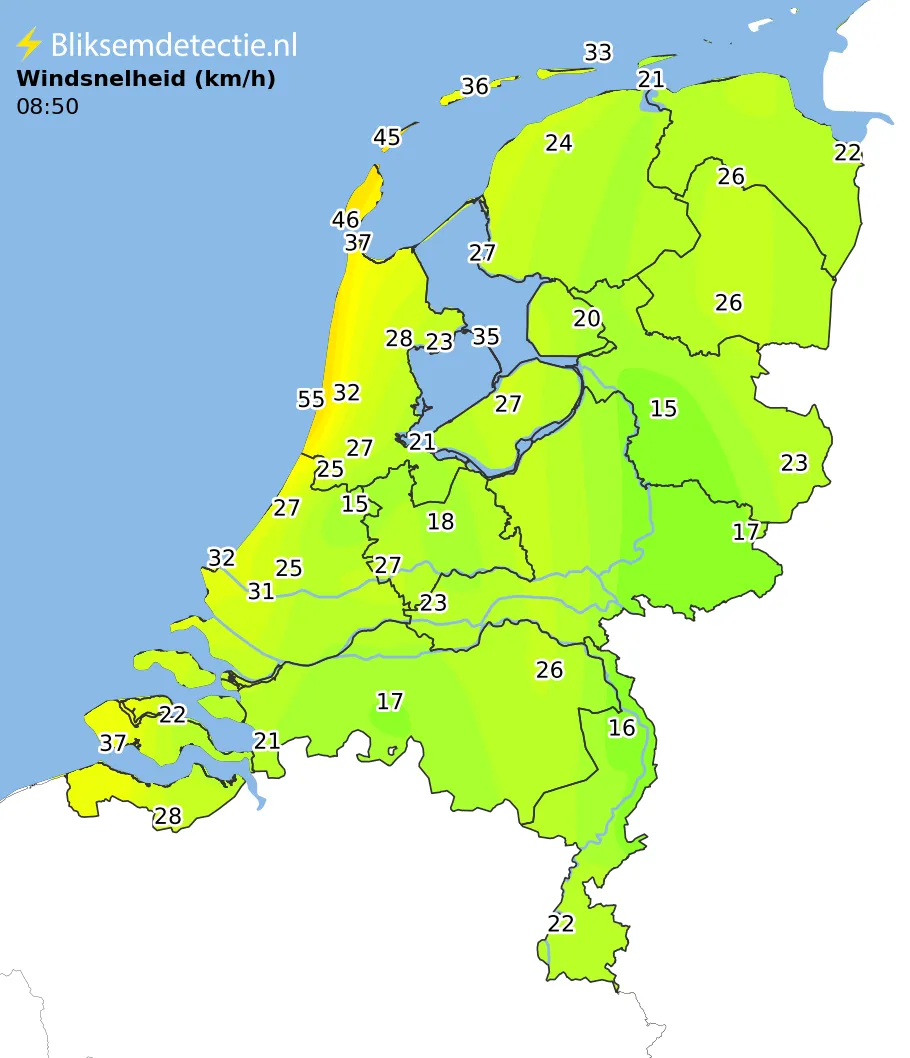 Windsnelheid kaart Nederland