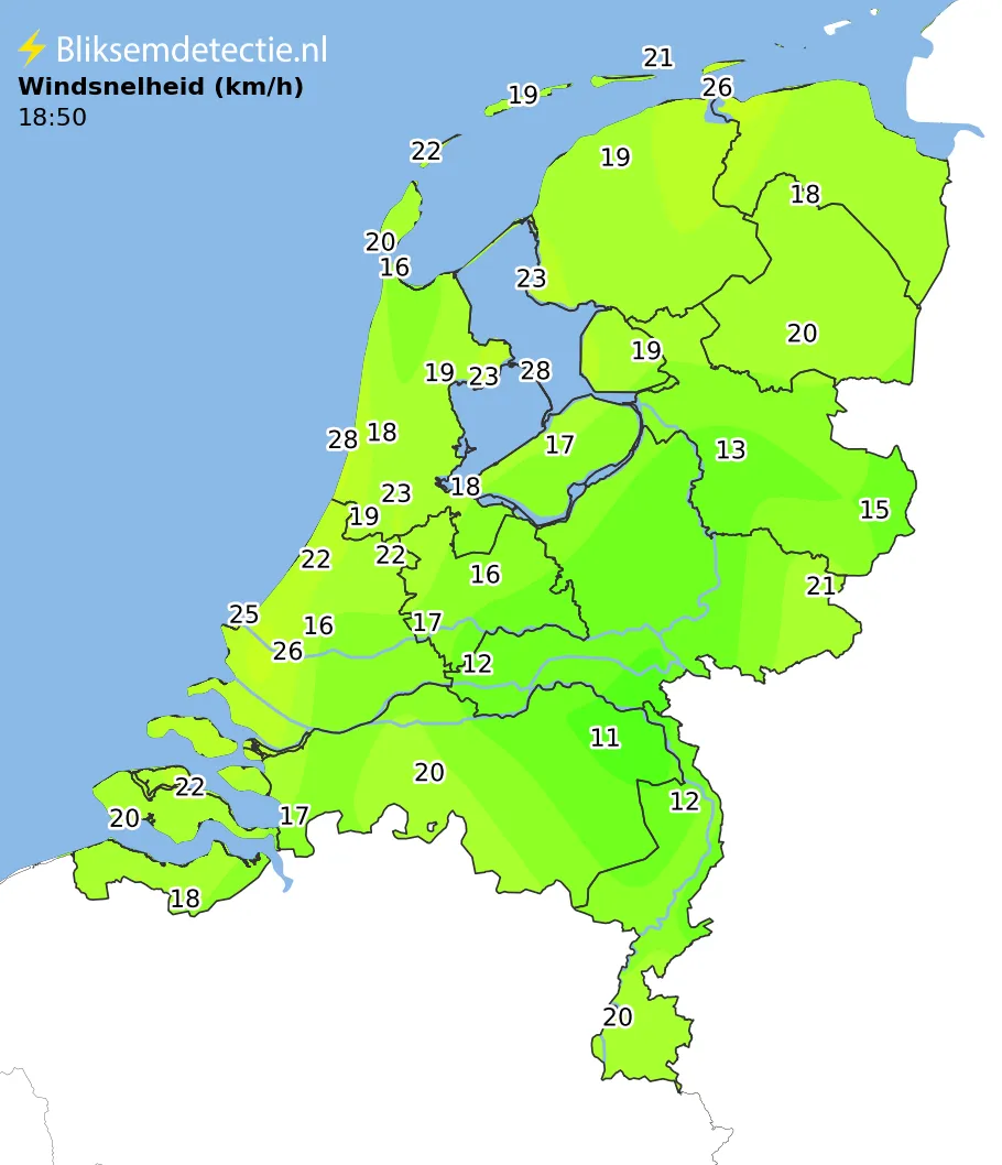 Windsnelheid kaart Nederland