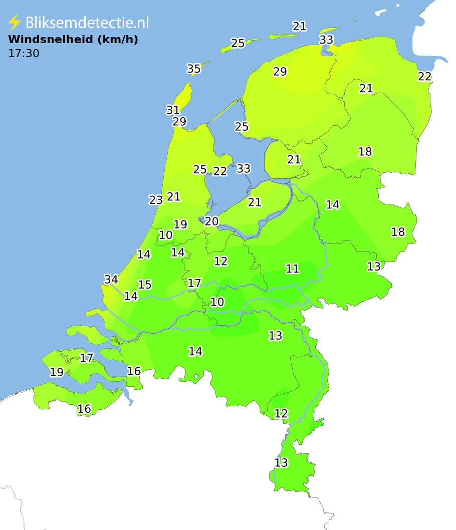 Windsnelheid kaart Nederland
