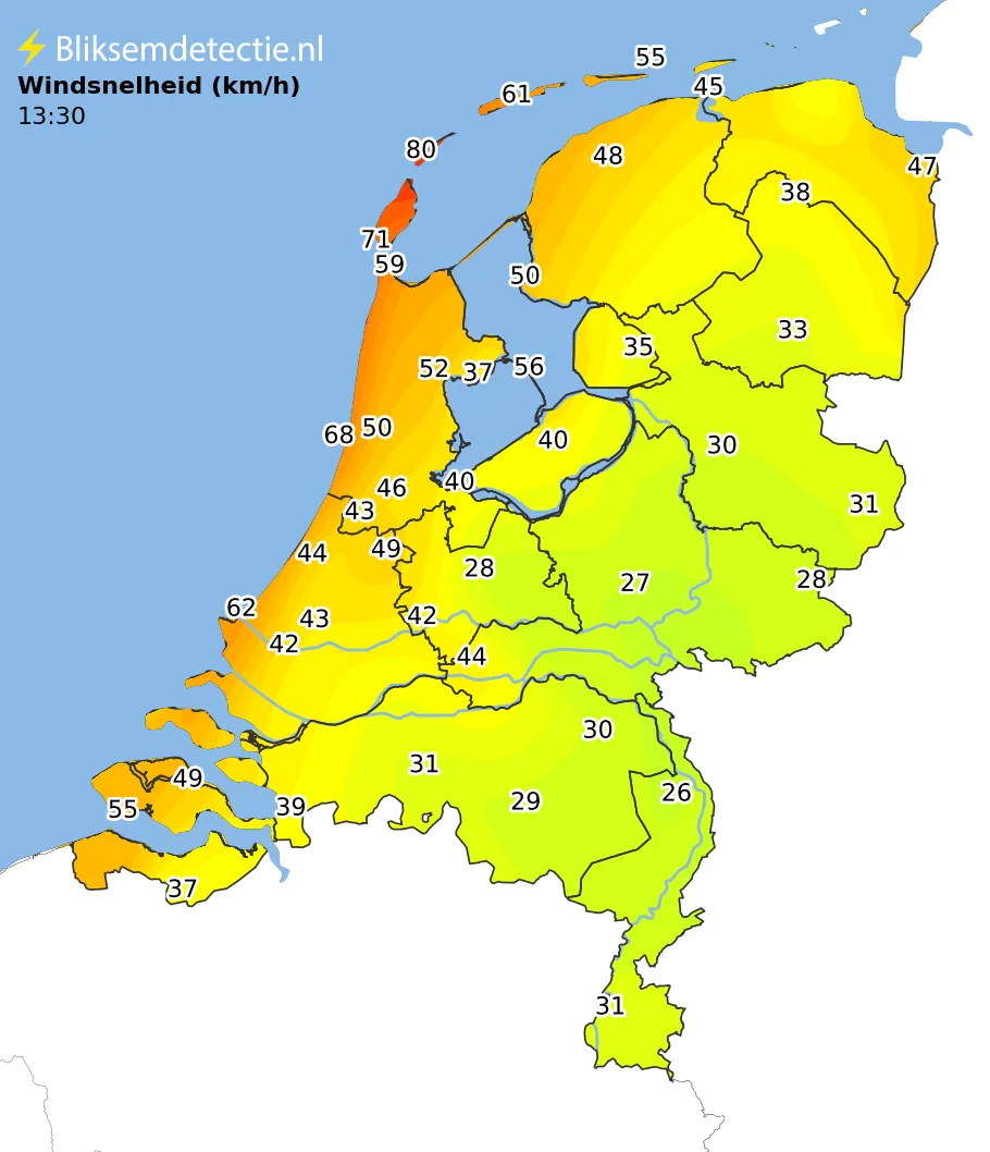 Windsnelheid kaart Nederland