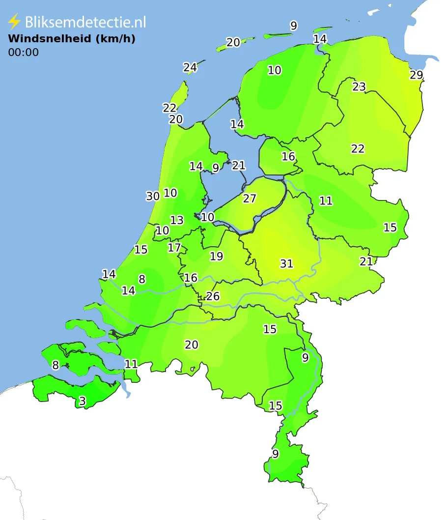 Windsnelheid kaart Nederland