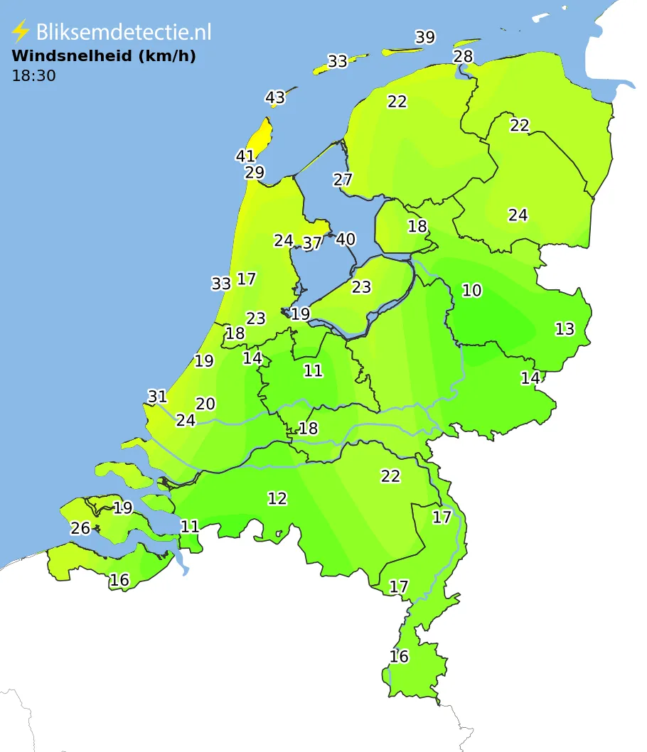 Windsnelheid kaart Nederland