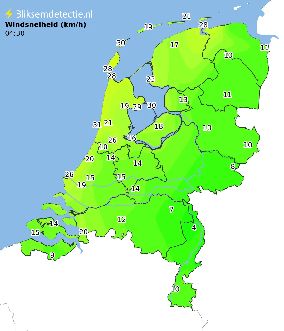 Windsnelheid kaart Nederland