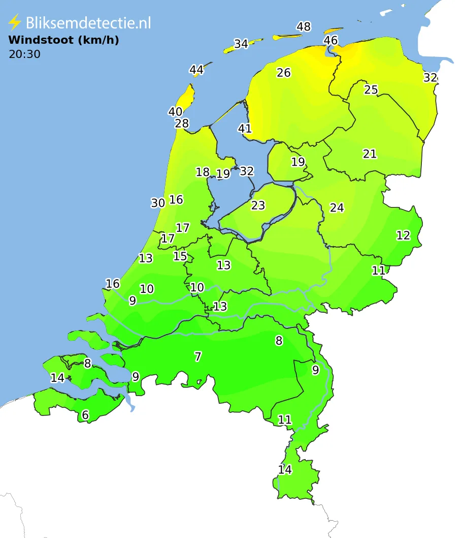 Windstoten kaart Nederland