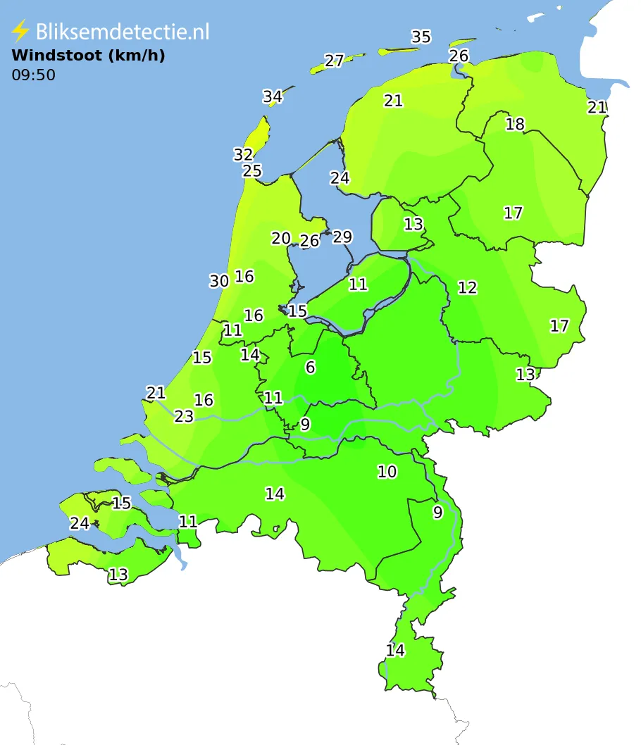 Windstoten kaart Nederland