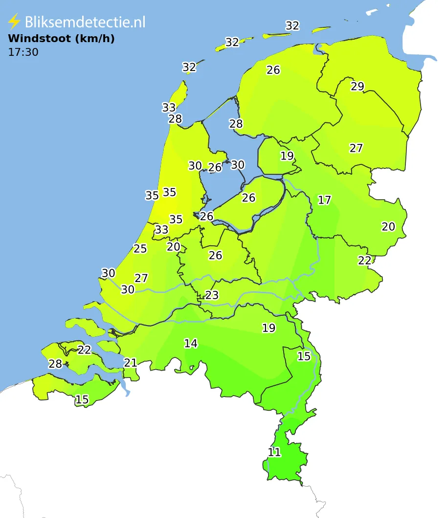 Windstoten kaart Nederland