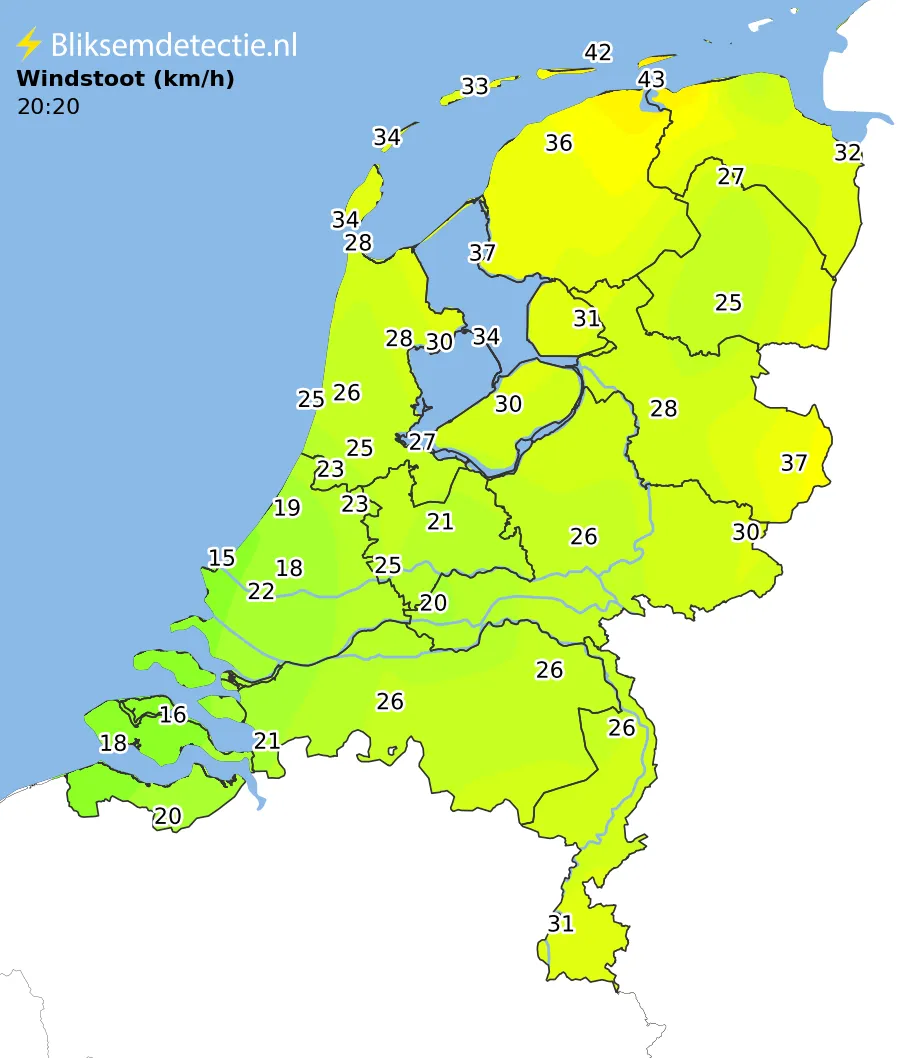 Windstoten kaart Nederland