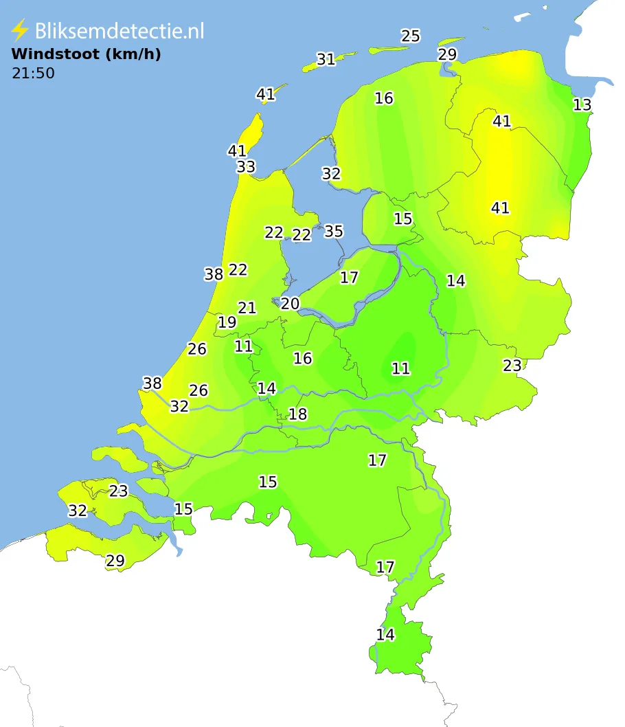 Windstoten kaart Nederland