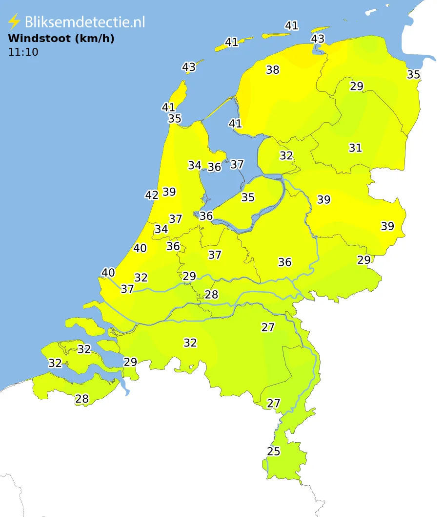 Windstoten kaart Nederland