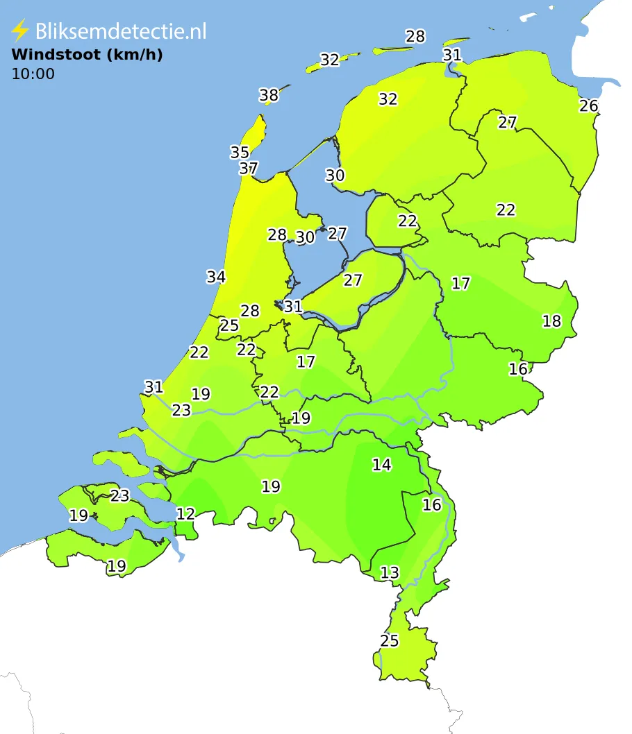 Windstoten kaart Nederland