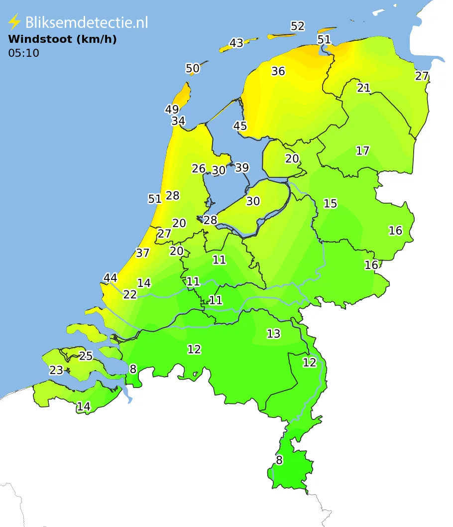Windstoten kaart Nederland