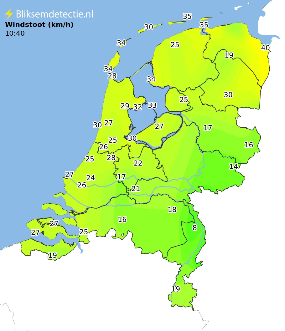 Windstoten kaart Nederland