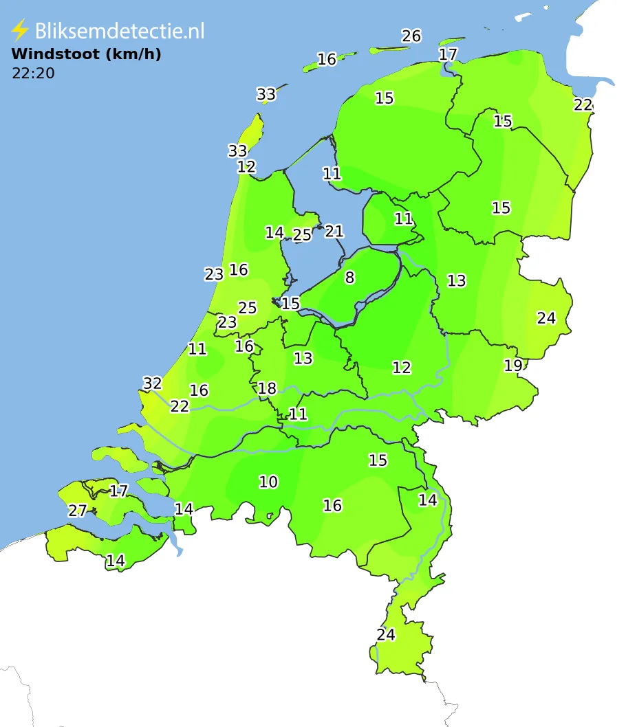 Windstoten kaart Nederland