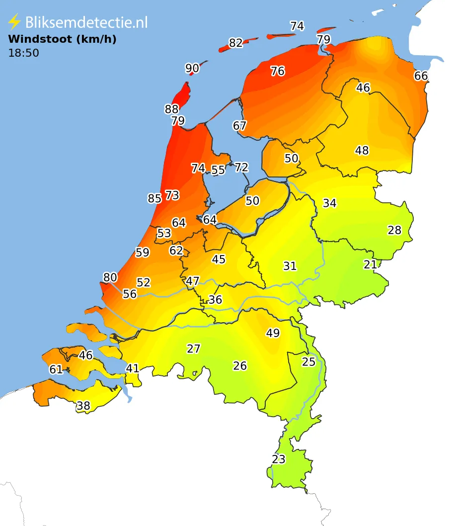 Windstoten kaart Nederland