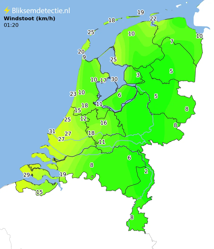 Windstoten kaart Nederland