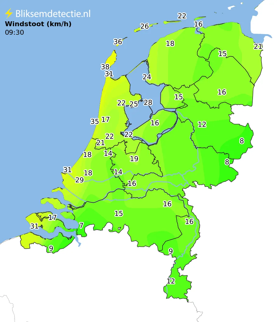 Windstoten kaart Nederland